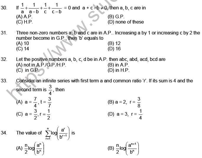 Jee mathematics sequence and series mcqs set a with answers